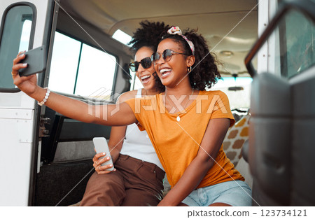 Travel, phone and selfie with friends in car for road trip adventure on Miami vacation for summer, transportation and social media. Happy, smile and holiday with women for internet post and youth 123734121