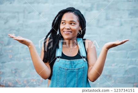 Model, smile and hands for gesture of confusion pose in street against blue wall. Black woman, question and confused sign in city against urban background with dreadlocks in Cape Town, South Africa Model, smile and hands for gesture of confusion pose in street against blue wall. Black woman, question and confused sign in city against urban background with dreadlocks in Cape Town, South Africa 123734151