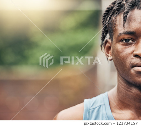 Sport, basketball and face with a black man workout portrait for health, cardio and fitness. Motivation, vision and strong mindset with athlete, trainer or coach on sports court outdoor mockup space 123734157