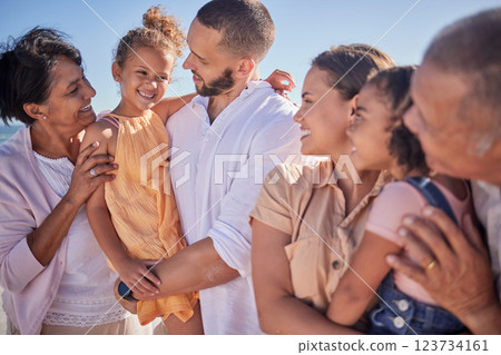 Beach family, children smile and grandparents with love for kids on holiday in Brazil during summer. Happy girl siblings walking with mother, father and senior people by the ocean sea on vacation 123734161