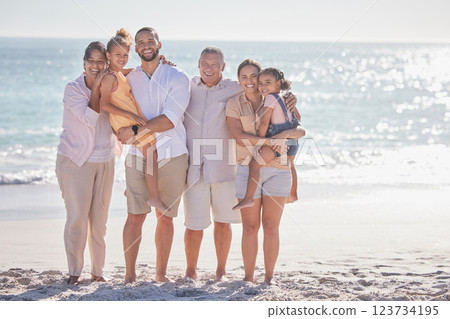 Grandparents, parents and family children on the beach on holiday in Brazil during summer. Portrait of mother, father and girl kids on travel vacation by the sea with elderly people and mockup Grandparents, parents and family children on the beach on holiday in Brazil during summer. Portrait of mother, father and girl kids on travel vacation by the sea with elderly people and mockup 123734195
