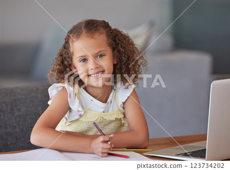 Child girl learning online, writing and studying at home with laptop on table. Portrait of happy, creative and young kid with smile for education on computer and drawing in notebook with color pencil 123734202