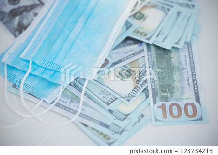 Covid, mask and money inflation for health, medical and hospital insurance in a economic recession. Finance, cash and healthcare price increase for the global and international economy during corona 123734213