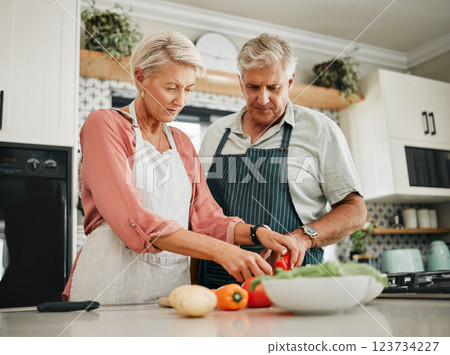 Elderly, couple and kitchen for cooking with vegetables for dinner with nutrition food. Man, woman and in retirement learning to cook for healthy diet in home together, love and vegan meal in house Elderly, couple and kitchen for cooking with vegetables for dinner with nutrition food. Man, woman and in retirement learning to cook for healthy diet in home together, love and vegan meal in house 123734227