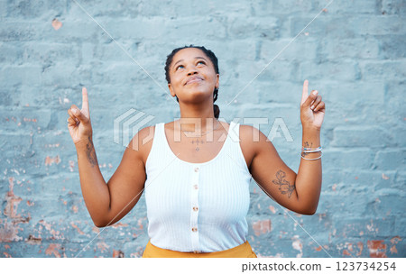 Smile, happy or comic black woman pointing up by building city wall background mockup design for marketing. Fashion, trend or style model or fun and cool Nigerian student by advertising mock up space Smile, happy or comic black woman pointing up by building city wall background mockup design for marketing. Fashion, trend or style model or fun and cool Nigerian student by advertising mock up space 123734254