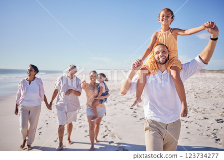 Beach, family and father with daughter on back and grandparents walk on sand to relax, bonding and fun. Happy, parents and kids being playful, smile and enjoy the sunny day in summer on a vacation. 123734277