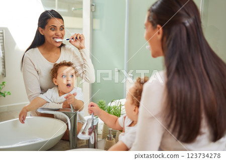 Dental, teeth and health with a mother and baby brushing teeth in the bathroom of their home together. Children, oral hygiene and healthcare with a woman and her son using a toothbrush in the morning Dental, teeth and health with a mother and baby brushing teeth in the bathroom of their home together. Children, oral hygiene and healthcare with a woman and her son using a toothbrush in the morning 123734278