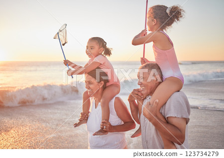 Children, grandparents and piggy back on beach on summer holiday walking in sea sand. Happy family at the ocean on vacation in Mexico. Grandma, grandpa and kids in on a walk in waves at sunset. 123734279