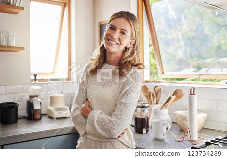 Smile, happy and mature woman in house kitchen as new homeowner with real estate mortgage finance and property loan. Relax person in home with retirement confidence, pride and positive a mindset 123734289