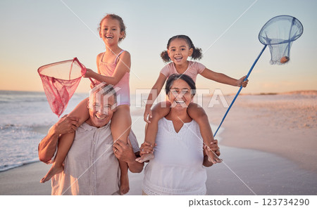 Children, grandparents and fishing with a family on the beach during summer for holiday, vacation or travel. Kids, happy and ocean with a senior man, woman and their grandkids by the sea at sunset Children, grandparents and fishing with a family on the beach during summer for holiday, vacation or travel. Kids, happy and ocean with a senior man, woman and their grandkids by the sea at sunset 123734290