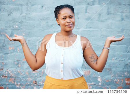 Portrait of confused black woman in doubt with a question and unsure gesture with arms up. Asking why, confusion and clueless girl with hands raised standing by a wall outside in urban town or city Portrait of confused black woman in doubt with a question and unsure gesture with arms up. Asking why, confusion and clueless girl with hands raised standing by a wall outside in urban town or city 123734296