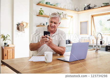 Senior man, phone and retirement budget in home kitchen for digital banking application, investment planning and fintech savings. Elderly person smartphone investing, finance management and insurance Senior man, phone and retirement budget in home kitchen for digital banking application, investment planning and fintech savings. Elderly person smartphone investing, finance management and insurance 123734298