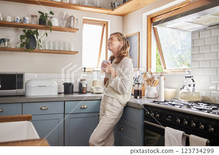 Relax, coffee and happy woman at home thinking about peaceful memories and enjoying her free time feeling content and relax. Mature lady at peace with positive mindset in her Australia house Relax, coffee and happy woman at home thinking about peaceful memories and enjoying her free time feeling content and relax. Mature lady at peace with positive mindset in her Australia house 123734299