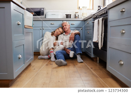 Coffee breakfast, relax and senior couple with smile on the kitchen floor in the morning in their house. Calm elderly man and woman in retirement talking with tea and love in marriage in home Coffee breakfast, relax and senior couple with smile on the kitchen floor in the morning in their house. Calm elderly man and woman in retirement talking with tea and love in marriage in home 123734300