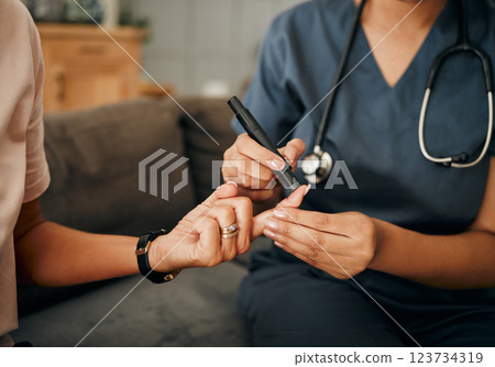 Diabetes, hands of nurse and blood sugar test on patient finger in home visit. Health, healthcare and medical professional test senior diabetic woman insulin levels in house checkup for wellness. 123734319