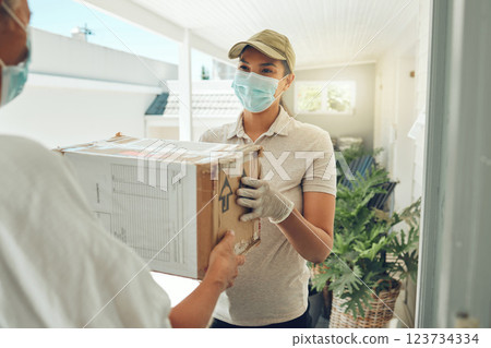 Covid, delivery and courier with box and customer at front door for shipping, ecommerce and online shopping service. Logistics, retail and and supply chain with employee with face mask and package 123734334