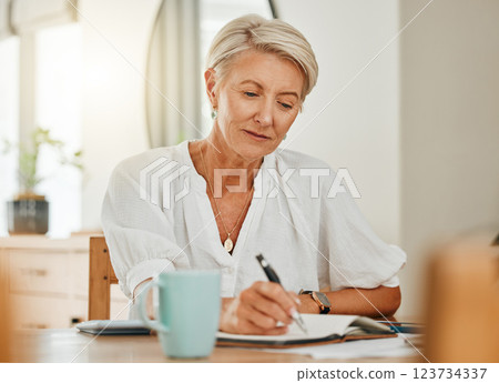 Writing, thinking and senior woman at a house making notes on notebook paper. Retirement of a serious person from Sweden think about schedule, day agenda idea or document and write ideas at home 123734337
