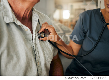 Doctor, hand and stethoscope of senior care in heart rate check, appointment or cardiology at home. Hands of nurse or healthcare professional checking elderly patient pulse on chest for medical test 123734353