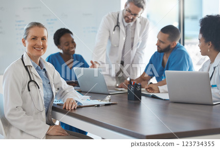 Healthcare, medicine and teamwork with a woman leader or doctor and team in a meeting for research and strategy. Collaboration, innovation and medical with a hospital group at work in the boardroom 123734355