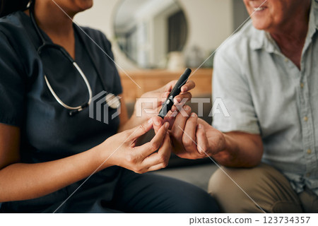 Blood test, doctor consultation and senior man consulting with healthcare nurse about diabetes. Hands of elderly person and hospital worker doing check on sugar with insulin pen on the sofa of home 123734357