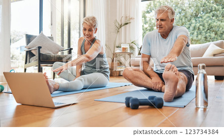 Meditation, senior couple and tutorial exercise for workout, training and health for wellness and relax at home. Retirement, man and woman streaming with laptop to do yoga, fitness and stretching. Meditation, senior couple and tutorial exercise for workout, training and health for wellness and relax at home. Retirement, man and woman streaming with laptop to do yoga, fitness and stretching. 123734384