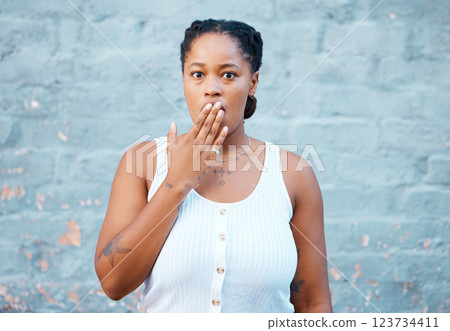 Shocked black woman, hand and worry in silence for secret against a wall background. Portrait of African American female covering mouth in concerned facial expression for gossip, news or emoji Shocked black woman, hand and worry in silence for secret against a wall background. Portrait of African American female covering mouth in concerned facial expression for gossip, news or emoji 123734411
