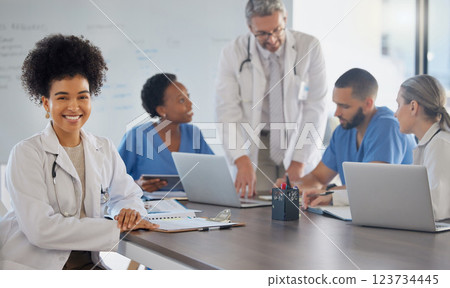 Doctor, team portrait and meeting in the office for collaboration working on laptops. Business teamwork and strategy discussion in healthcare, medical planning and sharing ideas at work on computers 123734445