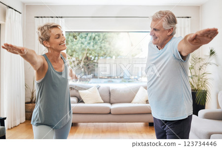 Yoga wellness in home, senior couple stretching muscles in living room and retirement wellness in Australia. Fitness training body together, healthy workout in lounge and happy relax in exercise pose 123734446