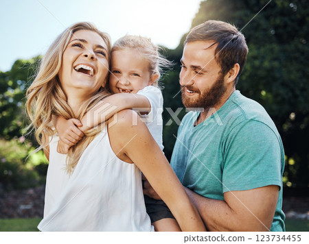 Family, child and outdoor fun in nature with girl, mother and father at park playing and laughing on an adventure. Girl kid or daughter of happy man and woman parents outdoor to play piggy back game Family, child and outdoor fun in nature with girl, mother and father at park playing and laughing on an adventure. Girl kid or daughter of happy man and woman parents outdoor to play piggy back game 123734455