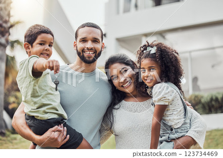 Family, happy and lawn at house with love together for portrait outdoors in summer. Children, mom and dad smile in sunshine with happiness in garden at their home or on vacation in Los Angeles 123734469
