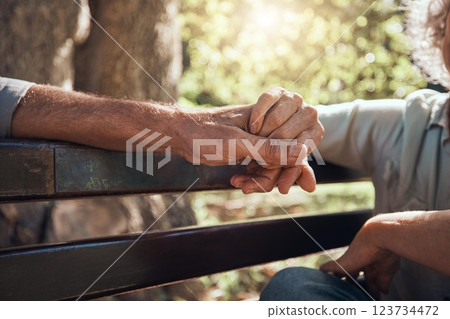 Support, love and helping hand holding of elderly people showing solidarity and community in a park. Senior man and woman hands together in retirement on a park bench outdoor with hope and trust Support, love and helping hand holding of elderly people showing solidarity and community in a park. Senior man and woman hands together in retirement on a park bench outdoor with hope and trust 123734472