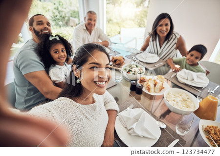 Big family selfie while eating food or lunch together in their home dining room table with a portrait smile. Happy Puerto Rico parents, mother and father with children for digital holiday memory 123734477