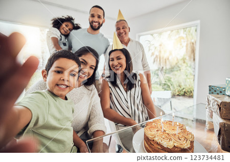 Happy birthday cake, selfie and big family celebration in home with portrait smile for memory or social media post. Puerto Rico people and children at grandparents retirement party with house dessert Happy birthday cake, selfie and big family celebration in home with portrait smile for memory or social media post. Puerto Rico people and children at grandparents retirement party with house dessert 123734481