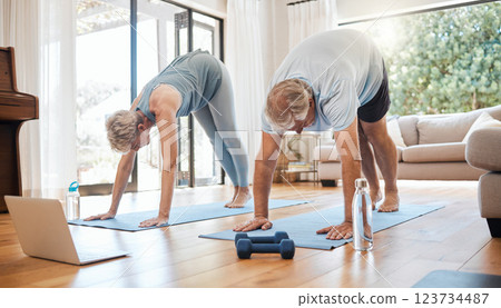 Fitness, laptop and retirement with couple in living room in virtual class for health, yoga or exercise. Internet, workout and pilates with old man and elderly woman training in home gym for wellness Fitness, laptop and retirement with couple in living room in virtual class for health, yoga or exercise. Internet, workout and pilates with old man and elderly woman training in home gym for wellness 123734487