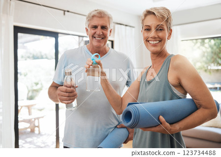 Old couple, yoga mat and water bottle in home ready for fitness, training and meditation. Zen, health and pilates exercise portrait of happy retired man and woman stretching, workout and wellness. 123734488