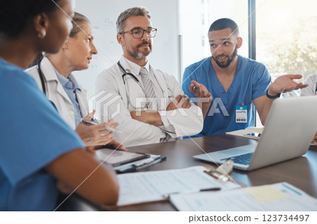 Leadership, doctor and teamwork planning on laptop in conversation, discussion and meeting for healthcare staff management. Hospital consulting medical manager or leader in collaboration on results Leadership, doctor and teamwork planning on laptop in conversation, discussion and meeting for healthcare staff management. Hospital consulting medical manager or leader in collaboration on results 123734497