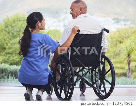Healthcare, disability and man in wheelchair with nurse on retirement or nursing home patio. Senior care, happy disabled grandpa and woman caregiver with smile enjoying the view at hospital or clinic Healthcare, disability and man in wheelchair with nurse on retirement or nursing home patio. Senior care, happy disabled grandpa and woman caregiver with smile enjoying the view at hospital or clinic 123734501