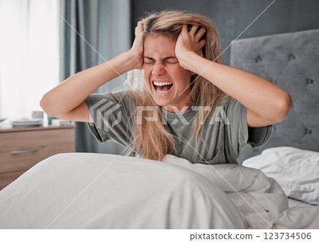 In bed in the morning with stress, angry and agro woman. Depressed girl in bedroom, hands on head and screaming in pain. Overworked, frustrated and wake up with headache from insomnia 123734506