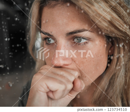 Stress, anxiety and mental health woman by window in house, home and psychology support asylum thinking while watching rain. Zoom, fear face or depression of sad, scared or burnout person in lockdown 123734510