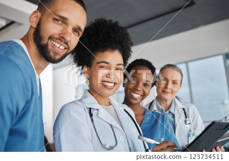 Medicine, doctors and healthcare team at work with smile for medical portrait, diversity and teamwork in Canada hospital. Trust, collaboration or cardiology with nurse, worker or clinic employees 123734511