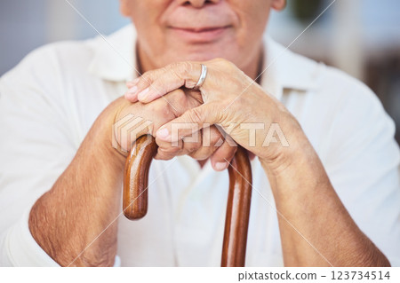 Old man hands, walking stick and disability from osteoporosis, arthritis and aging. Closeup of lonely, retirement and disabled senior widower with dementia, pain and wooden cane for support 123734514