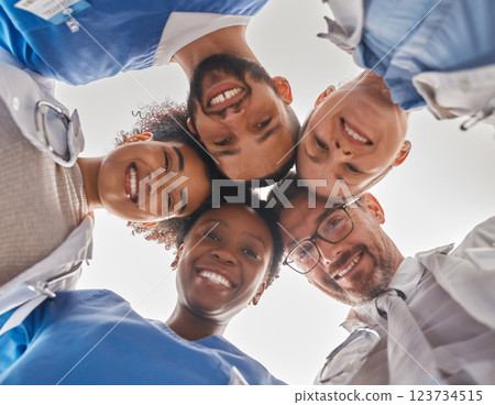 Team, diversity and doctors in circle from below, teamwork, support and help from hospital staff. Group of medical workers in huddle looking down head together. Teammates, men and women in healthcare 123734515