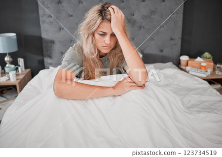 Stress, anxiety and depression, a woman in bed, thinking sad and anxious, too sick too get up. Depressed lady in bedroom with medicine, prescription drugs and pills for mental health care in USA. Stress, anxiety and depression, a woman in bed, thinking sad and anxious, too sick too get up. Depressed lady in bedroom with medicine, prescription drugs and pills for mental health care in USA. 123734519