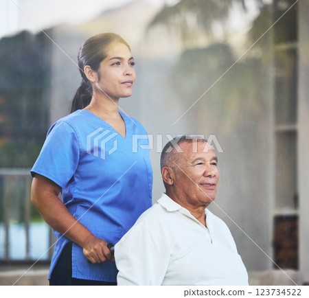 Nurse, caregiver or senior man in wheelchair in nursing home, hospital or clinic for surgery recovery or wellness physiotherapy. Thinking healthcare worker, retirement disability elderly or insurance Nurse, caregiver or senior man in wheelchair in nursing home, hospital or clinic for surgery recovery or wellness physiotherapy. Thinking healthcare worker, retirement disability elderly or insurance 123734522