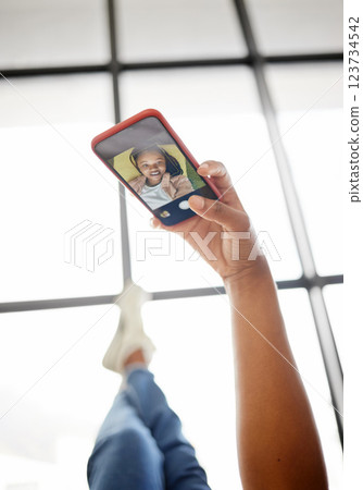 Selfie, phone or black woman relax after study for college, school or university break in Chicago. 5g network, communication or smartphone with student girl at education campus for social media photo 123734542