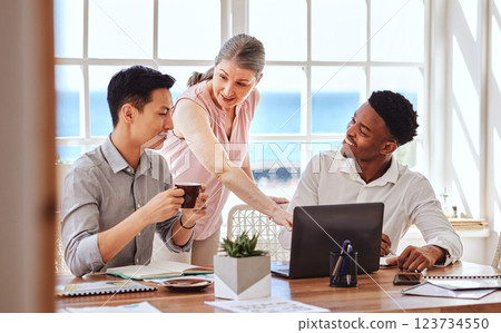 Teamwork, laptop and meeting with a female leader, manager or boss and team in a boardroom. Computer, collaboration and workshop with a business woman and employee group working on startup strategy Teamwork, laptop and meeting with a female leader, manager or boss and team in a boardroom. Computer, collaboration and workshop with a business woman and employee group working on startup strategy 123734550