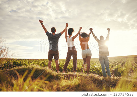 Farm, celebration and sustainability people holding hands for teamwork, earth day and growth goal achievement. Group friends celebrate ecology, farming or countryside agriculture travel in sunset Farm, celebration and sustainability people holding hands for teamwork, earth day and growth goal achievement. Group friends celebrate ecology, farming or countryside agriculture travel in sunset 123734552