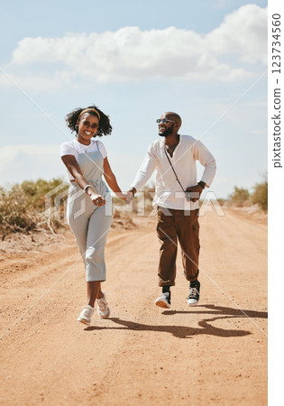 Black couple on road trip, happy people walking on vacation and Los Angeles festival travel. Summer holiday, trendy fashion lifestyle and love happiness on happy outdoor desert adventure together Black couple on road trip, happy people walking on vacation and Los Angeles festival travel. Summer holiday, trendy fashion lifestyle and love happiness on happy outdoor desert adventure together 123734560