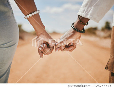 Couple walking, promise and hook fingers for support, trust and love in nature outdoors. Closeup man, woman and connect pinky hands in hope, respect and commitment link of save the date relationship Couple walking, promise and hook fingers for support, trust and love in nature outdoors. Closeup man, woman and connect pinky hands in hope, respect and commitment link of save the date relationship 123734573