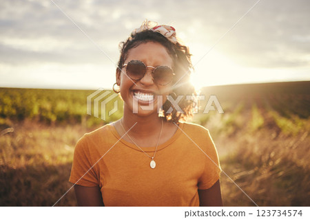 Happy, black woman and summer travel happiness of a person in nature. Portrait of a person from Texas with a smile feeling holiday freedom from traveling in the countryside on vacation break 123734574